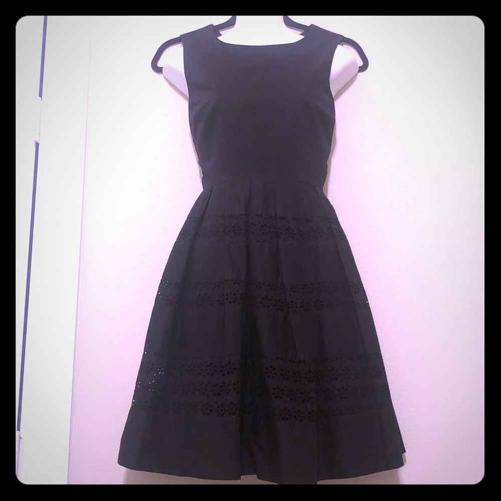 Ann Taylor Black Eyelet Pleated Flare Dress 8